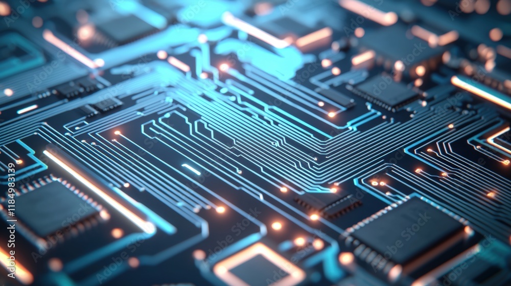 Circuit board background and electronics minimal, A close-up view of a digital circuit board showcasing intricate pathways and glowing components, representing advanced technology and electronics. Circuit board background and electronics minimal, A close-up view of a digital circuit board showcasing intricate pathways and glowing components, representing advanced technology and electronics.