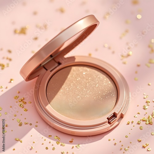 Radiant Luxury A Gilded Makeup Compact on a Soft Pastel Canvas photo