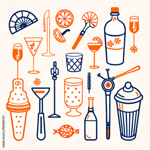 Bartender tools, Illustration of various beverages and cocktail tools on beige background