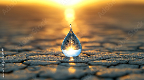 A single raindrop splashes into a dusty desert, symbolizing resilience, hope, and renewal against overwhelming odds. The blurred background suggests emptiness, yet possibility emerges in the stillness photo