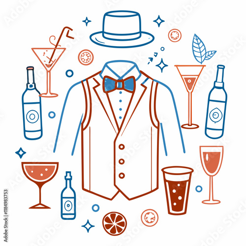 Bartender uniform, Stylized gentleman's attire and cocktails in a creative design