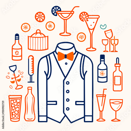 Bartender uniform, Bartender attire with cocktails and drinks illustrations