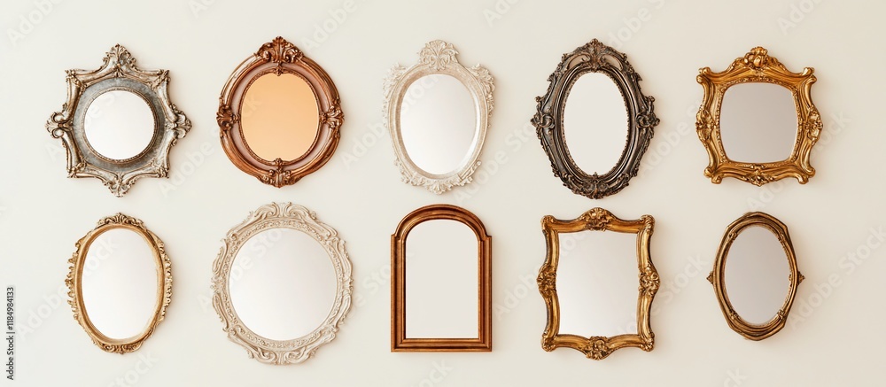 Ten ornate mirrors in various shapes and sizes on a wall. Ten ornate mirrors in various shapes and sizes on a wall.