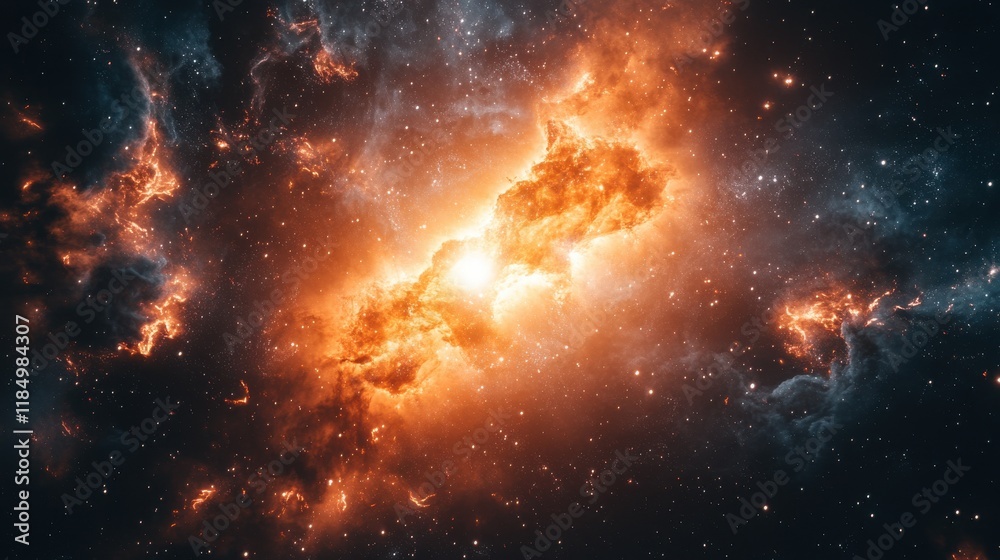 Fototapeta premium A stunning celestial scene showcasing a vibrant nebula filled with fiery hues and distant stars.