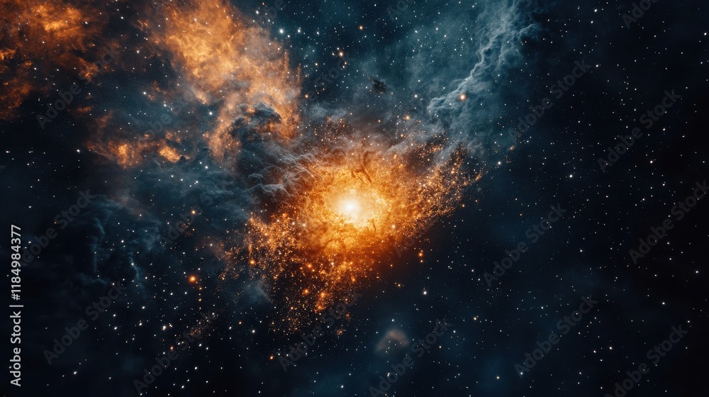Naklejka premium A breathtaking view of a vibrant nebula illuminated by orange and blue cosmic gas and stars in deep space.