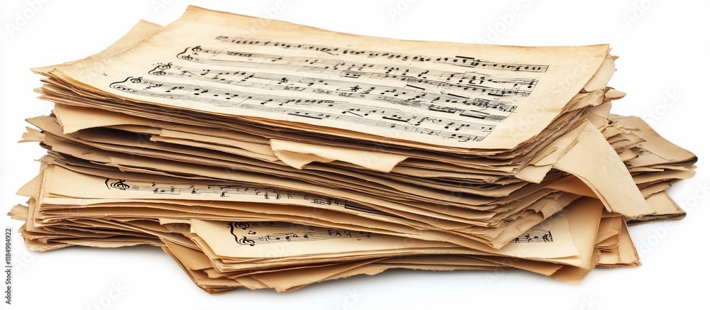 Naklejka premium Stack of aged, tattered musical sheets with handwritten notes.