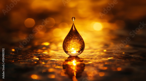 A single raindrop splashes into a dusty desert, symbolizing resilience, hope, and renewal against overwhelming odds. The blurred background suggests emptiness, yet possibility emerges in the stillness