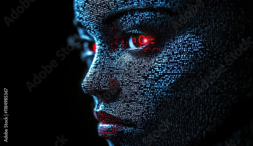 A portrait of an AI face, devoid of gender, with glowing red eyes and binary code in the background, illustrating a cybernetic evil threat in a digital horror concept, presented in a cyberpunk style