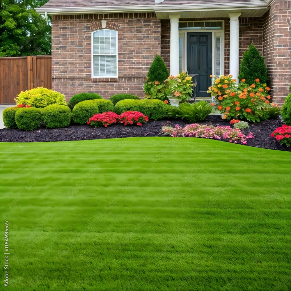 Fototapeta premium A well-maintained grassy lawn, with soft green blades of grass and a neat, serene appearance, ideal for outdoor activities or a peaceful setting.