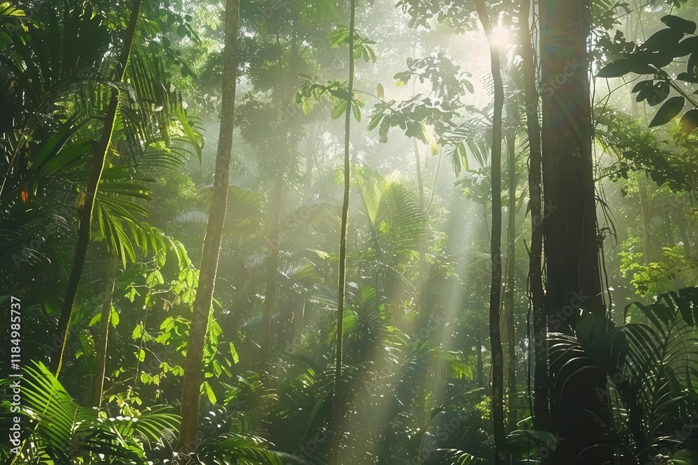 Obraz premium Lush green rainforest with sunlight filtering through the trees, creating a serene and vibrant atmosphere.