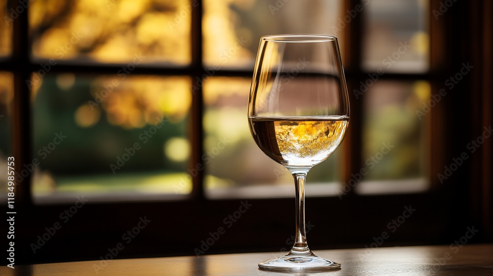 Glass of white wine by window. Glass of white wine by window.