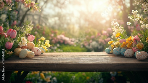 Wooden table with easter or spring theme blurred background