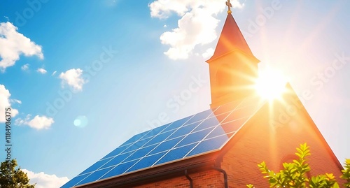solar panels on a church roof bright sunshine 