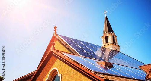 solar panels on a church roof bottom view 