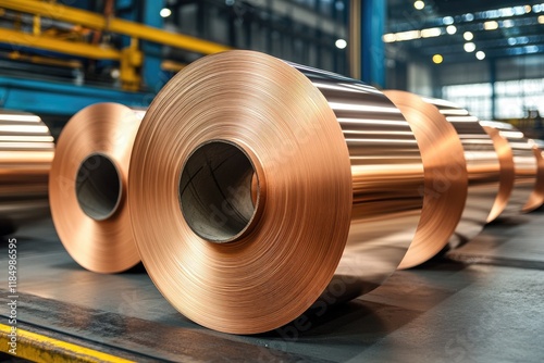 Copper rolls shining in industrial warehouse setting manufacturing metal sheets photo