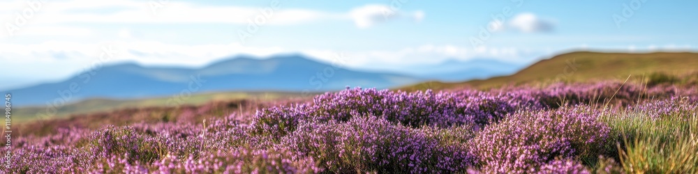 Scenic landscape with blooming heather on rolling hills in nature Scenic landscape with blooming heather on rolling hills in nature