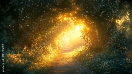 Soft sunlight filters through the trees, creating a warm glow along the tranquil forest path. Delicate flowers and vibrant foliage line the way, inviting wanderers into nature's embrace photo