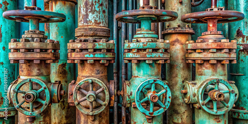 Colorful, weathered valves line old, tarnished pipes in an industrial area. The combination of rust and turquoise paint highlights the history of this mechanical setup photo