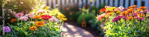 Colorful garden path with blooming flowers in sunlit backyard garden