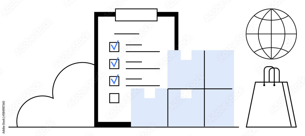 Checklist with checkmarks next to cloud, stacked packages, globe, and shopping bag. Ideal for logistics, inventory, e-commerce, supply chain online shopping global trade warehouse management. Line Checklist with checkmarks next to cloud, stacked packages, globe, and shopping bag. Ideal for logistics, inventory, e-commerce, supply chain online shopping global trade warehouse management. Line