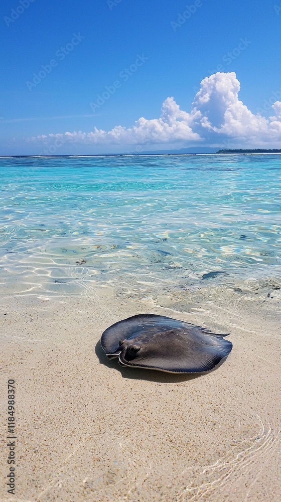 Beneath a vast azure sky, a stingray lies motionless on the sandy bottom, surrounded by crystal-clear waters. This peaceful moment captures the beauty of marine life in a tranquil setting Beneath a vast azure sky, a stingray lies motionless on the sandy bottom, surrounded by crystal-clear waters. This peaceful moment captures the beauty of marine life in a tranquil setting