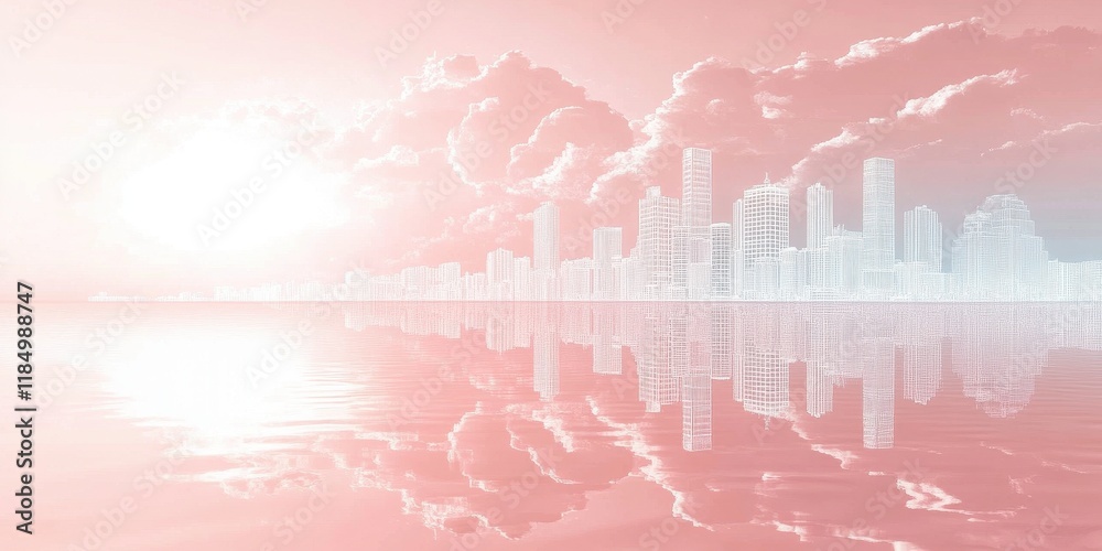Fototapeta premium Pastel Cityscape Reflected In Calm Water Under Pink Clouds
