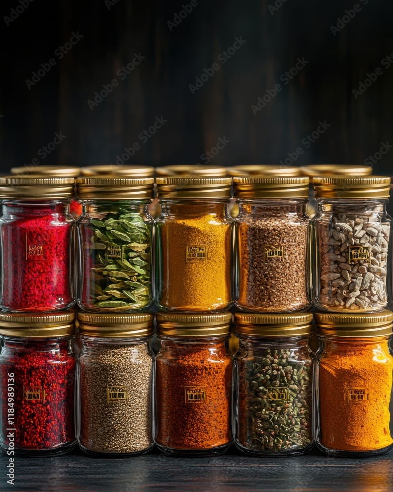 An array of colorful spice jars featuring vibrant spices and herbs in glass containers. An array of colorful spice jars featuring vibrant spices and herbs in glass containers.