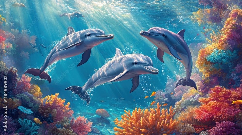 Fototapeta premium Three Dolphins Swim Amongst Vibrant Coral Reefs