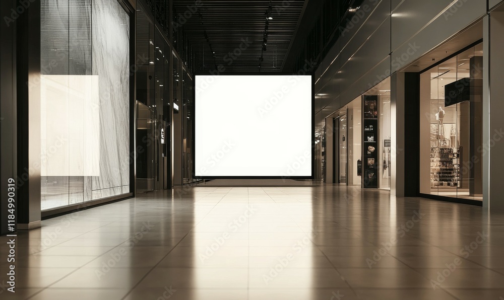 White sign is in a mall with a black background. The sign is empty and the mall is empty White sign is in a mall with a black background. The sign is empty and the mall is empty