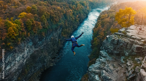 Base jumper exits new river gorge bridge in fayetteville, west virginia photo