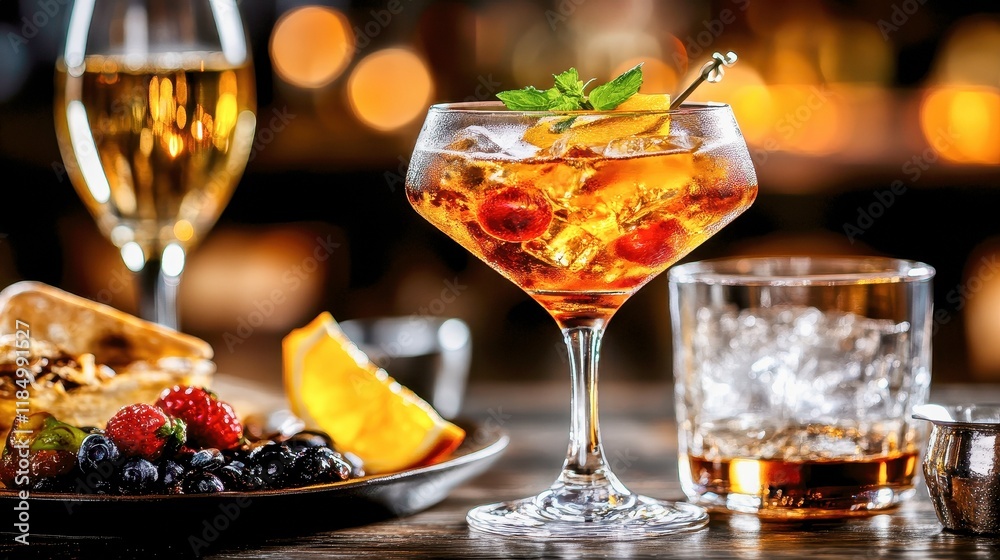 Naklejka premium Festive Cocktail with Berries and Citrus Garnish