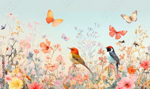 Vivid floral background with birds, butterflies and bees in a pastel color palette, perfect for spring or nature-themed rooms.