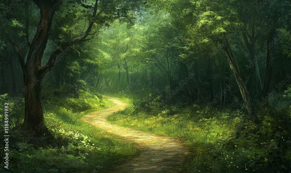 Obraz premium Winding road through forest, greenery, trees, path, serene outdoor setting.