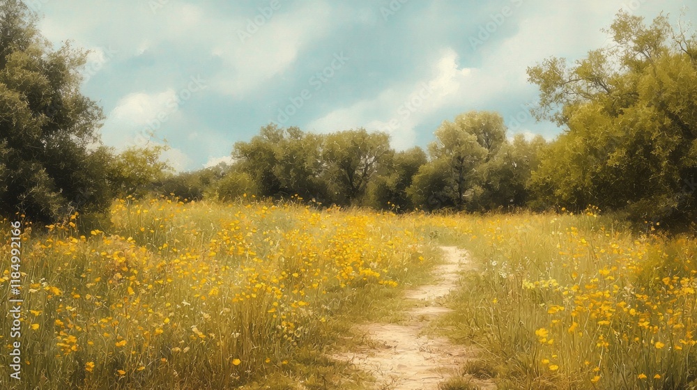 Fototapeta premium Amidst a tranquil expanse, a winding path invites exploration through a lively meadow bursting with golden wildflowers