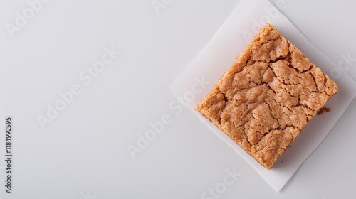 Blondie bar isolated on white, butterscotch blondie square, sweet dessert close up, minimalist food photography, copy space background


