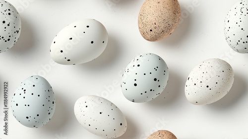 Easter eggs painted by hand on a light background. Easter stylish minimal composition. Top view, flat lay, with copy space photo