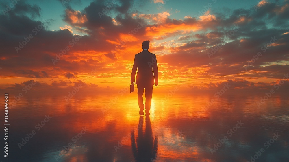 Obraz premium Silhouette of a Businessman Walking Towards a Fiery Sunset Over a Calm Body of Water