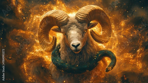 Zodiac Sign Aries and Year of the Snake: Symbolic Artwork with Golden Light and Powerful Imagery