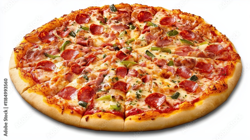 The pizza, layered with gooey cheese, flavorful meats, and crisp vegetables, is captured from above, tempting with its vibrant and appetizing look. The pizza, layered with gooey cheese, flavorful meats, and crisp vegetables, is captured from above, tempting with its vibrant and appetizing look.