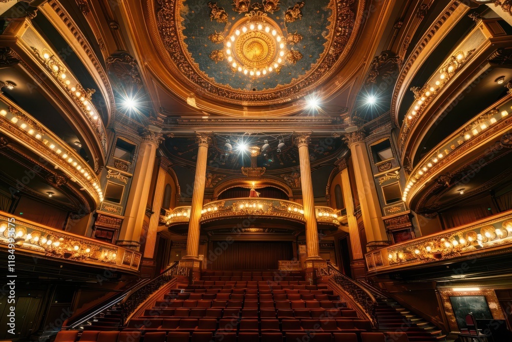 Obraz premium Ornate theater interior showcasing grand architecture and lighting design for performances.