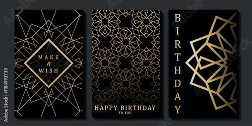 Set of luxury birthday cards on a black background. Modern gold and black design. Golden elegant geometric pattern, gold line on dark background. Premium design illustration for birthday party.