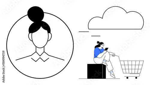 Womans profile in a circle, woman sitting on a box interacting with a smartphone, a shopping cart, and a cloud shape. Ideal for e-commerce, online shopping, digital identity, social media, cloud