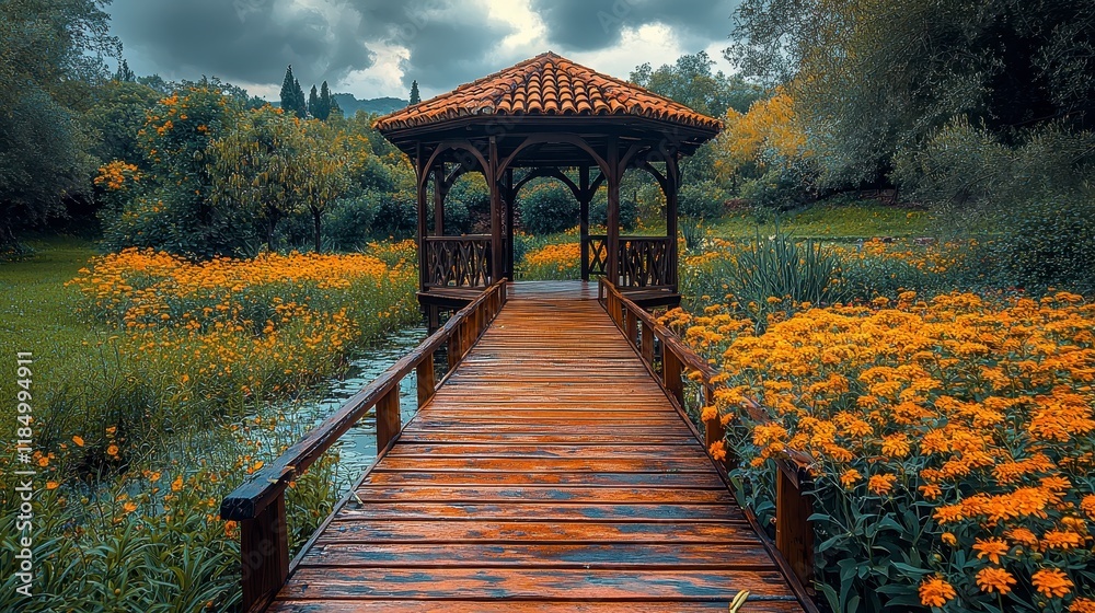 Wooden gazebo on a bridge over a pond in a garden with orange flowers.