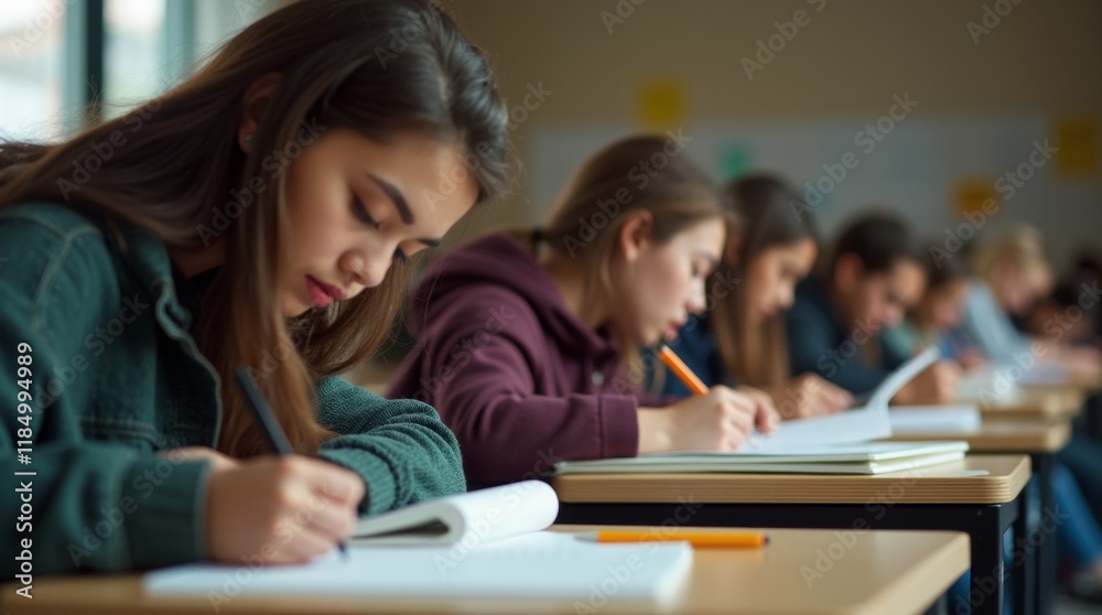 A close-up of a busy exam room filled with students diligently taking their final exams. The image captures the focused expressions of the students, along with scattered papers and pencils A close-up of a busy exam room filled with students diligently taking their final exams. The image captures the focused expressions of the students, along with scattered papers and pencils