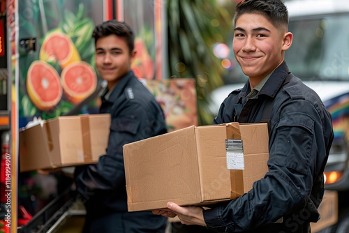 Two brawny movers in uniforms lugging cardboard boxes from the truck photo