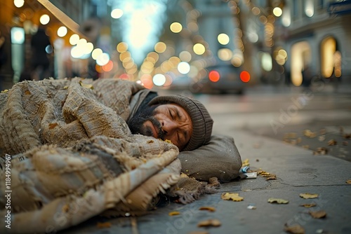 Homeless Man Sleeping on City Street Under a Blanket
