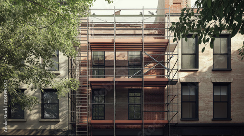 old building with windows, scaffolding under construction for exterior facade renovation in downtown, New York City, townhouse area 