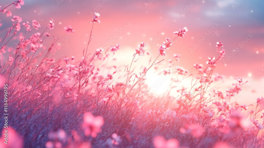 Pink flowers blooming in a field at sunset creating a dreamlike atmosphere Pink flowers blooming in a field at sunset creating a dreamlike atmosphere