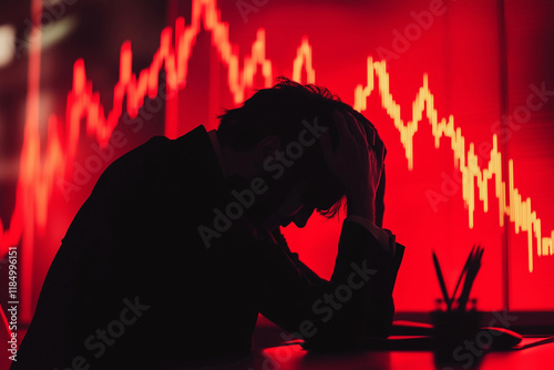 Businessperson reflecting on market downturn while seated at desk in a modern office with red stock chart background. Falling stock and economy chart. photo