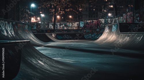 A nighttime view of a deserted skate park, illuminated by glowing street lights and vibrant graffiti.